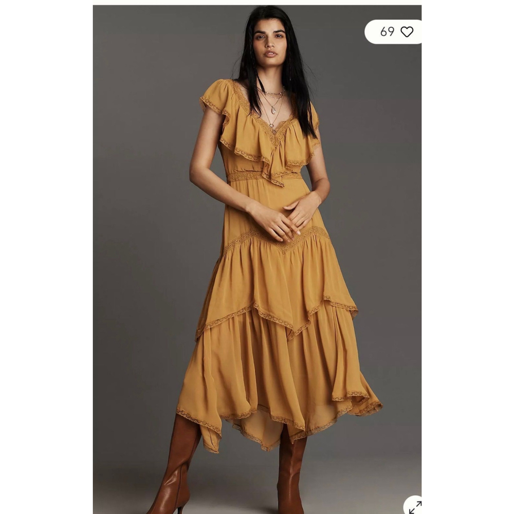 Anthropologie|Golden Mustard Ruffle Boho Midi Dress | Romantic Flowy | Med & Lg - Picture 5 of 5